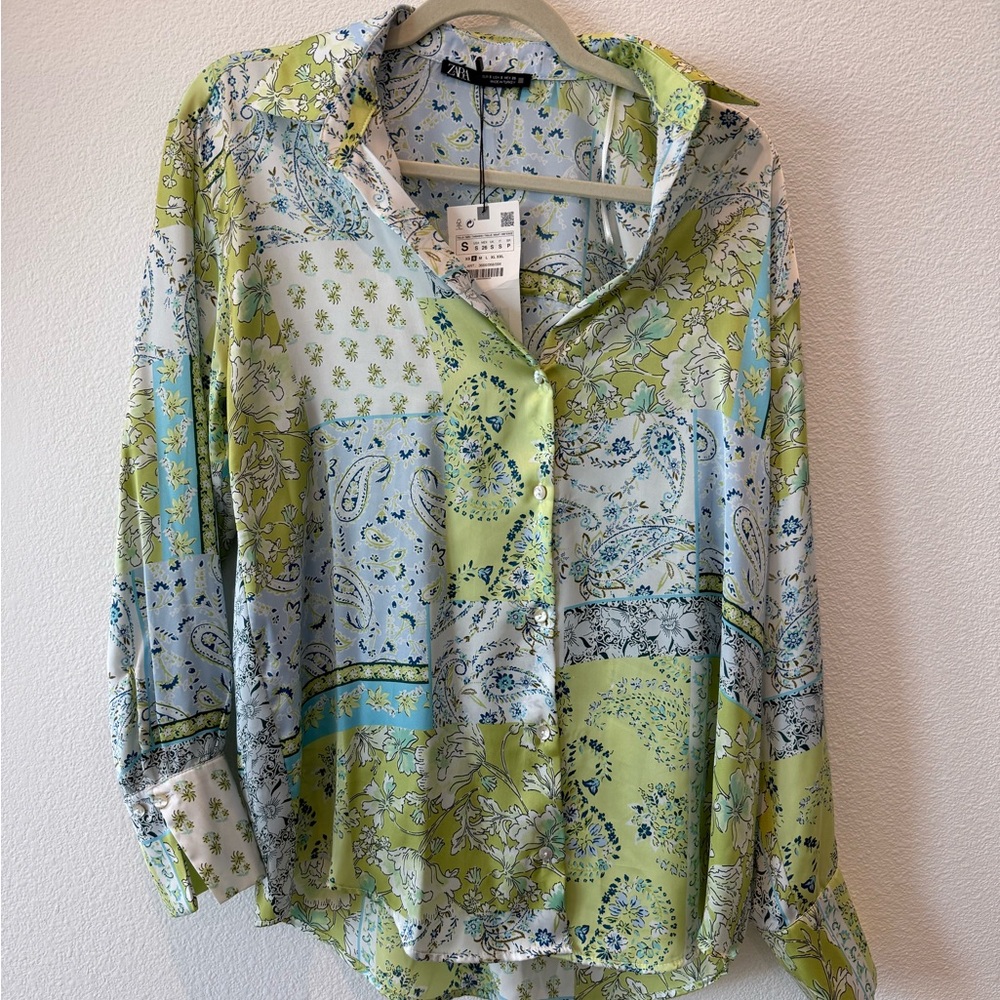 Zara Green and Blue Button Down Shirt with Notched Collar